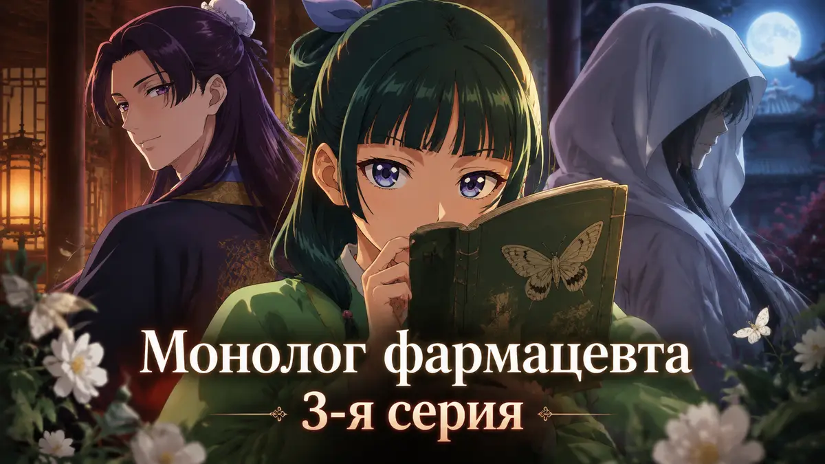Маомао из аниме «Монолог фармацевта» с книгой о насекомых, за ней Жэньши и тень Белой госпожи в капюшоне