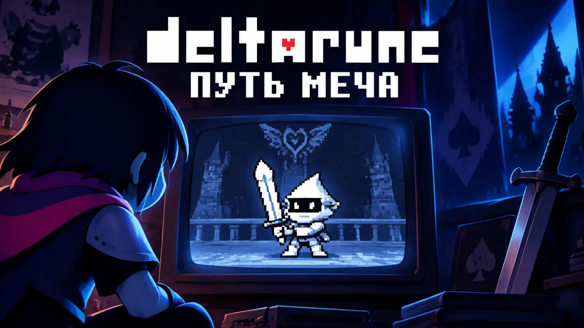Крошечный рыцарь HERO_SWORD с мечом на экране ретро-телевизора, Kris рядом, Путь меча Deltarune