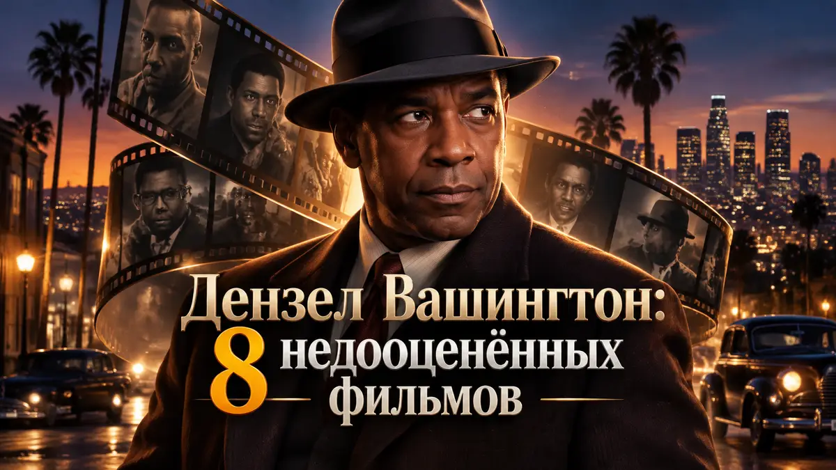 Дензел Вашингтон в костюме 1940-х на фоне вечернего Лос-Анджелеса, постер подборки недооценённых фильмов