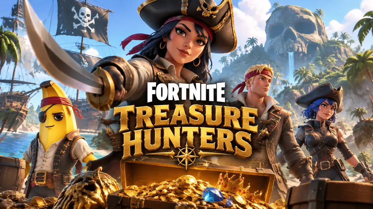 Аниме-герои Fortnite в пиратском стиле на острове сокровищ с логотипом Fortnite Treasure Hunters