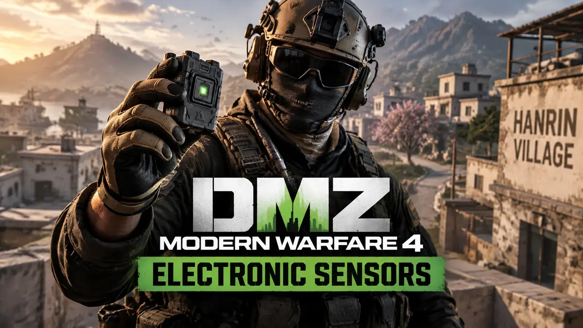 Оперативник DMZ Modern Warfare 4 с электронным сенсором в руке на фоне жилых домов Hanrin Village