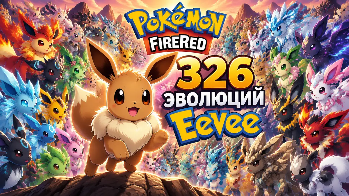 Eevee в центре в окружении сотен фанатских эволюций разных стихий, яркий key art в стиле Pokémon FireRed