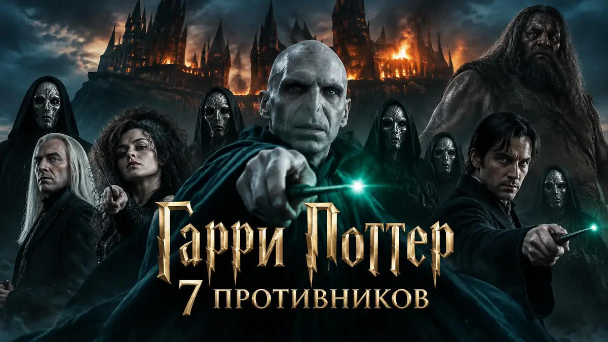 Пожиратели смерти и великан на фоне горящего Хогвартса, постер в стиле фильмов «Гарри Поттер»