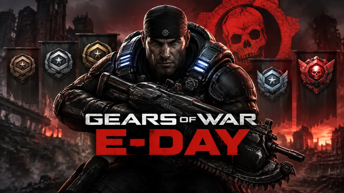 Солдат COG в тяжёлой броне с лансером на фоне логотипа Gears of War: E-Day и рейтинговых значков