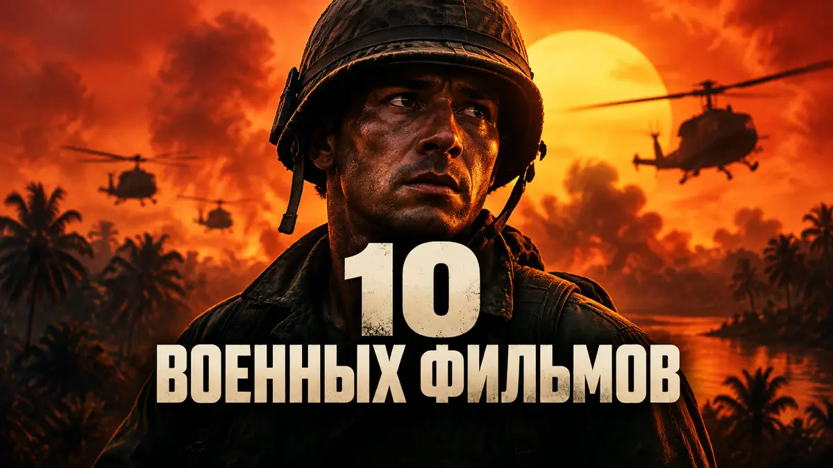 Портрет солдата в каске на фоне огня и силуэтов вертолетов в стиле постера военной драмы