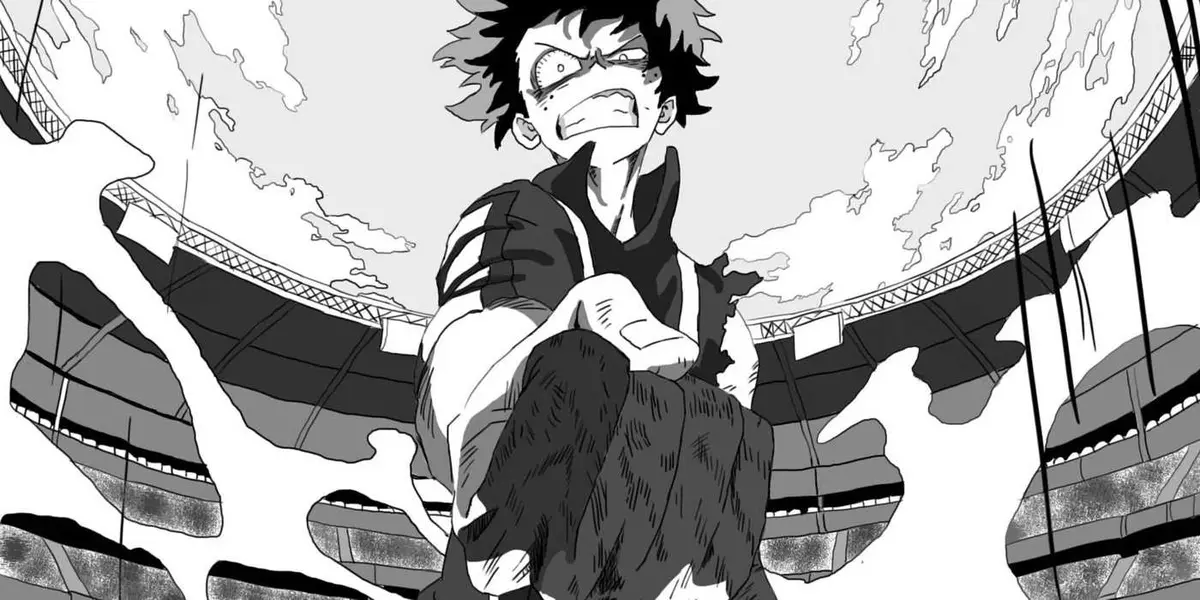 Deku fights in a stadium in the My Hero Academia manga.