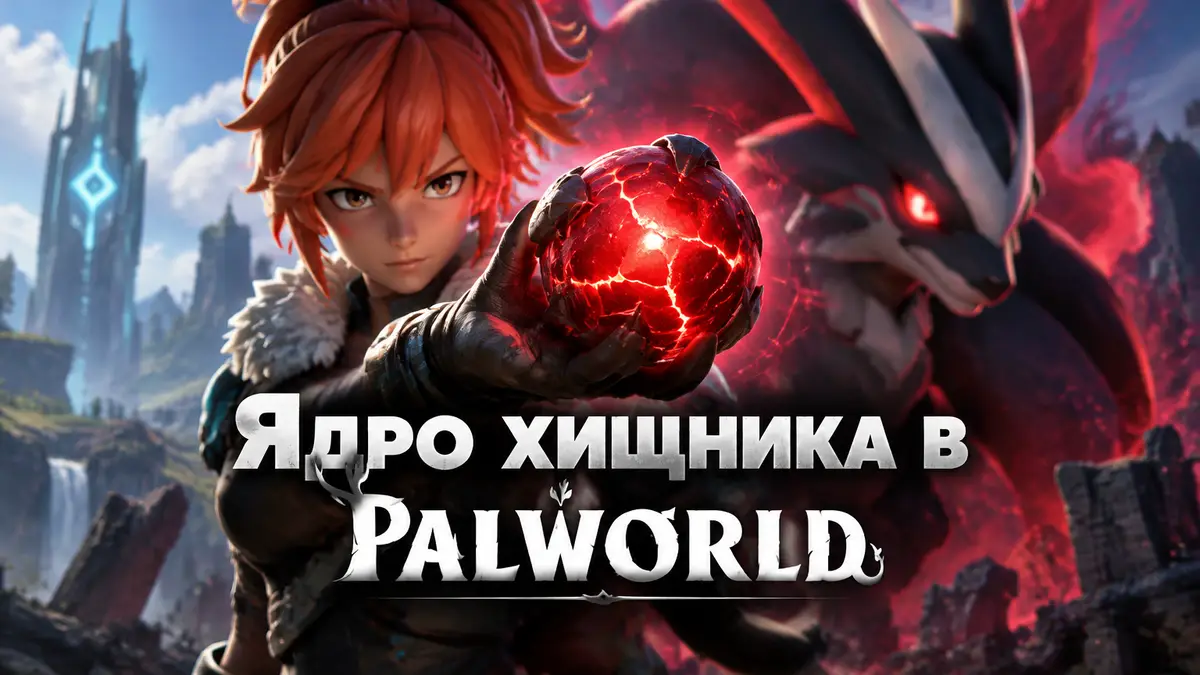 Светящееся красное Ядро хищника в руках героя Palworld на фоне Пала с красными глазами и аурой