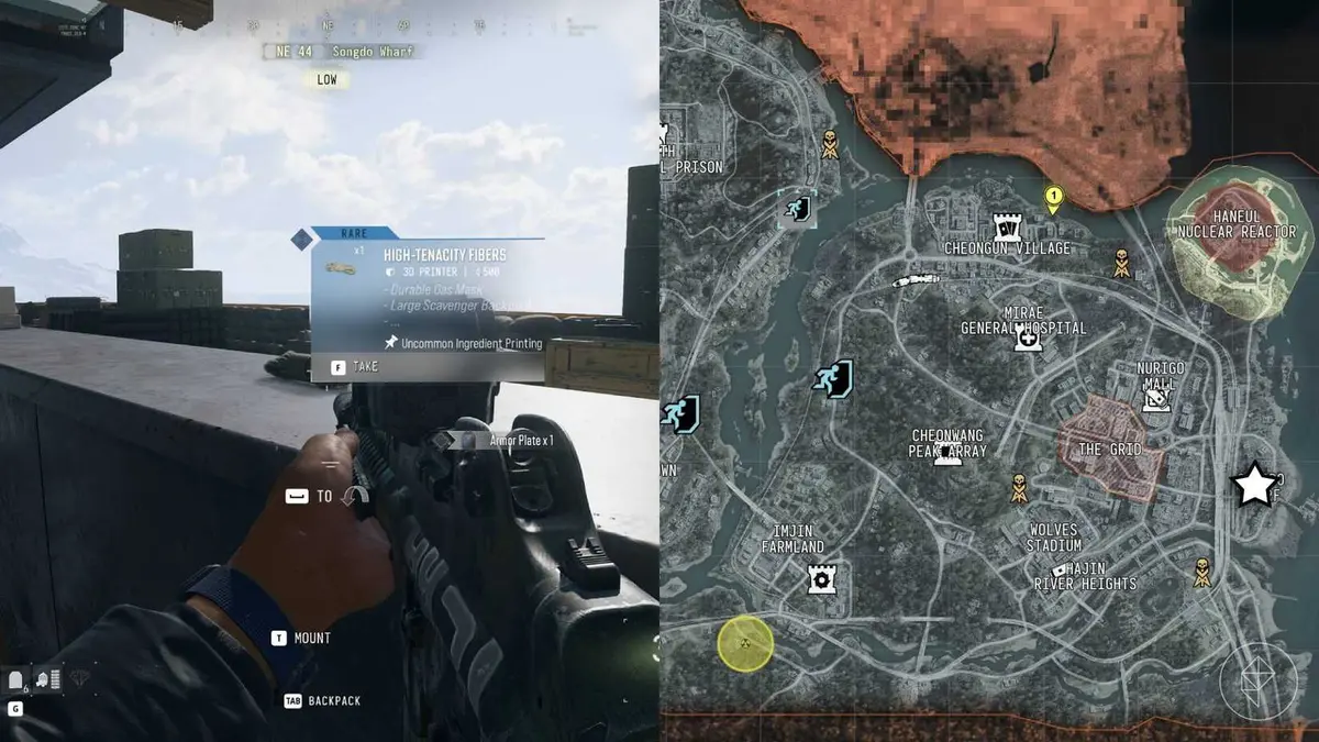 The left-hand side of the image shows the player in-game looking at high-tenacity fibers while the right-hand side of the image shows the location of the La Grand Vie rooftop in Songdo Wharf marked on