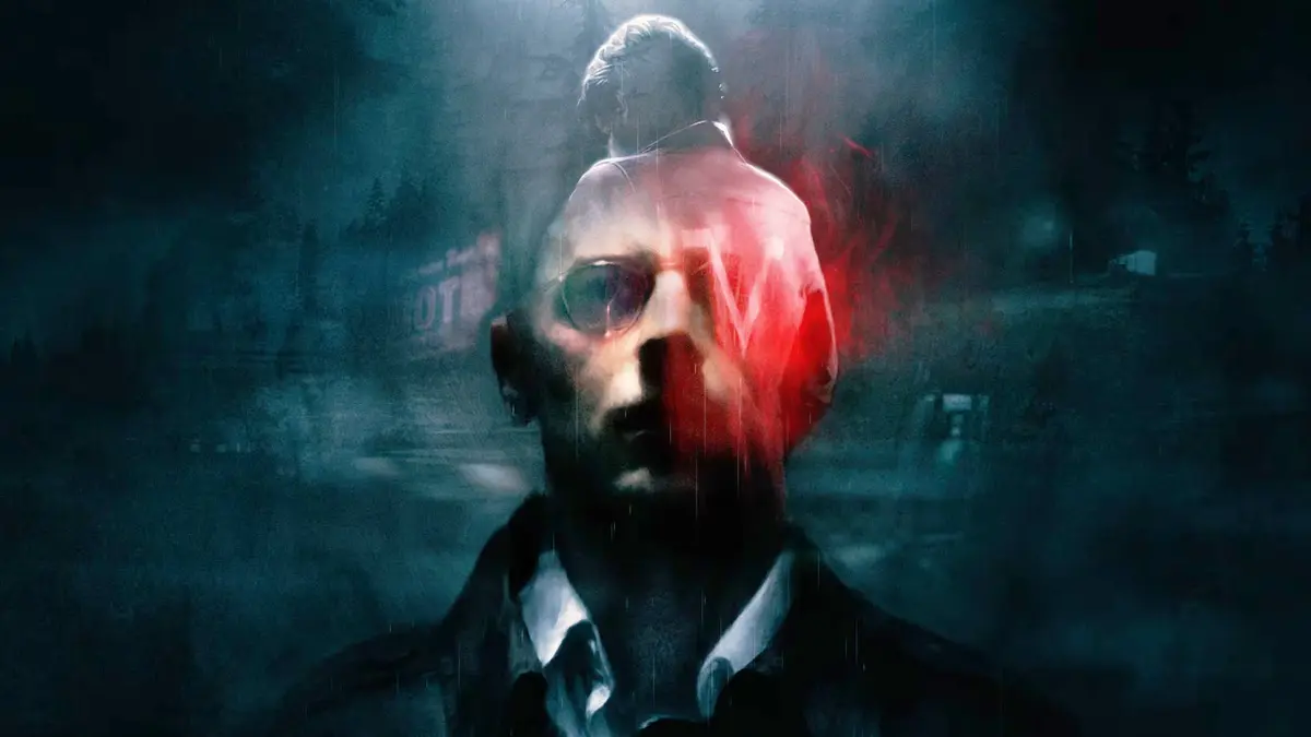 Silver Pines artwork showing the face of private investigator protagonist Red Walker bleeding into an image of missing musician Eddie Velvet, the pair set against a moody backdrop of locations from ar