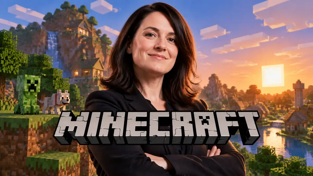 Логотип Minecraft и силуэт руководителя на фоне кубического мира игры
