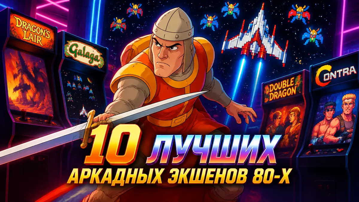 Ретро-постер аркадных экшенов 80-х: рыцарь Dirk the Daring и корабль Galaga на фоне неоновых автоматов