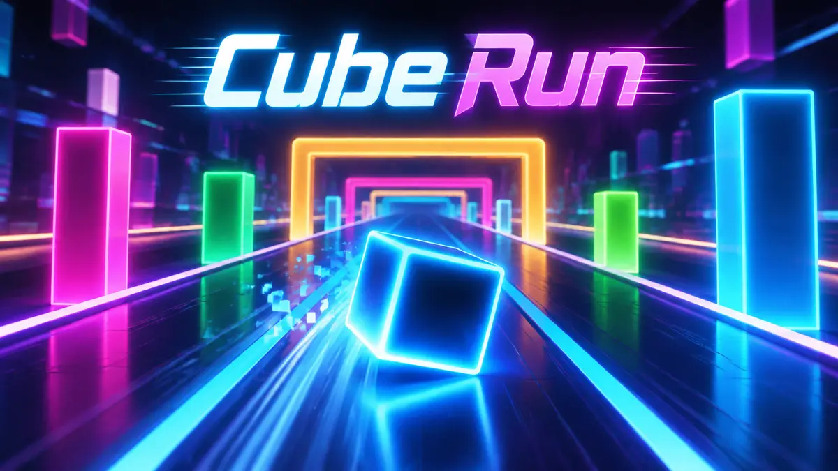 Светящийся куб мчится по трёхполосной неоновой трассе Cube Run среди радужных перекладин и столбов