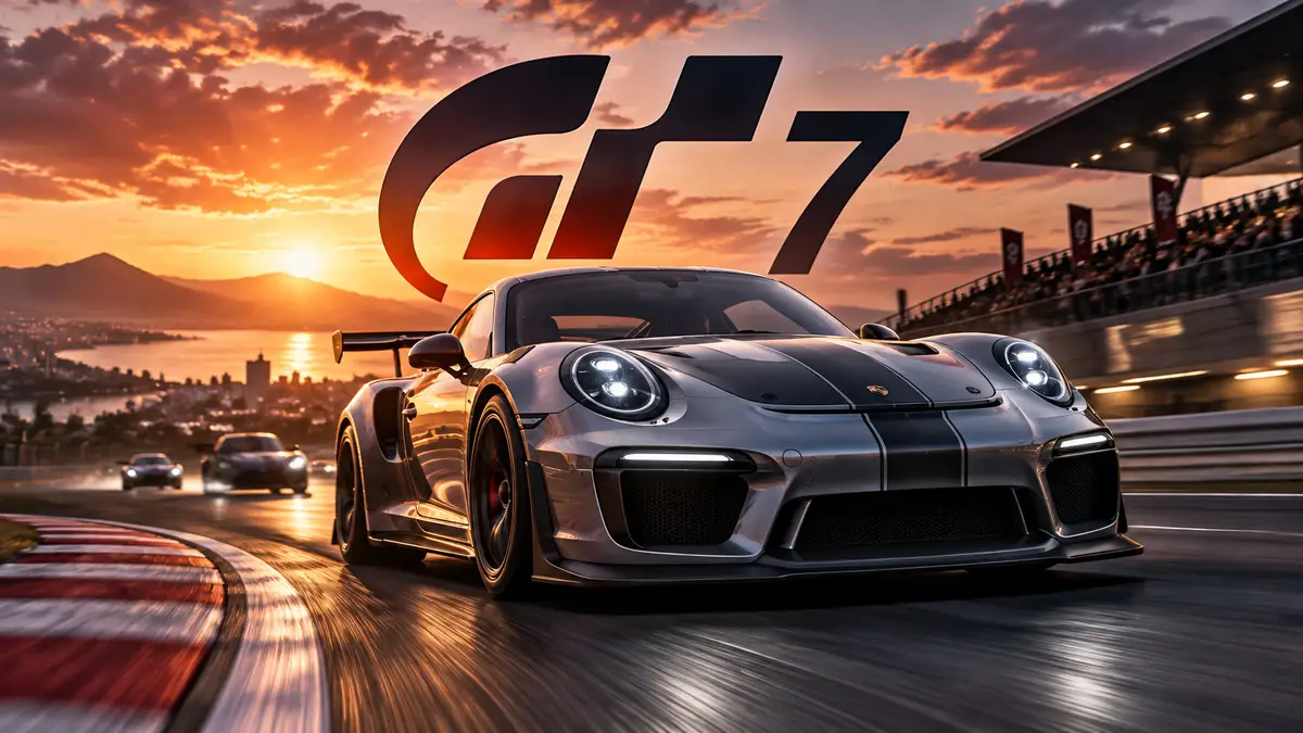 Спорткар на трассе с логотипом Gran Turismo 7 в динамичном ракурсе