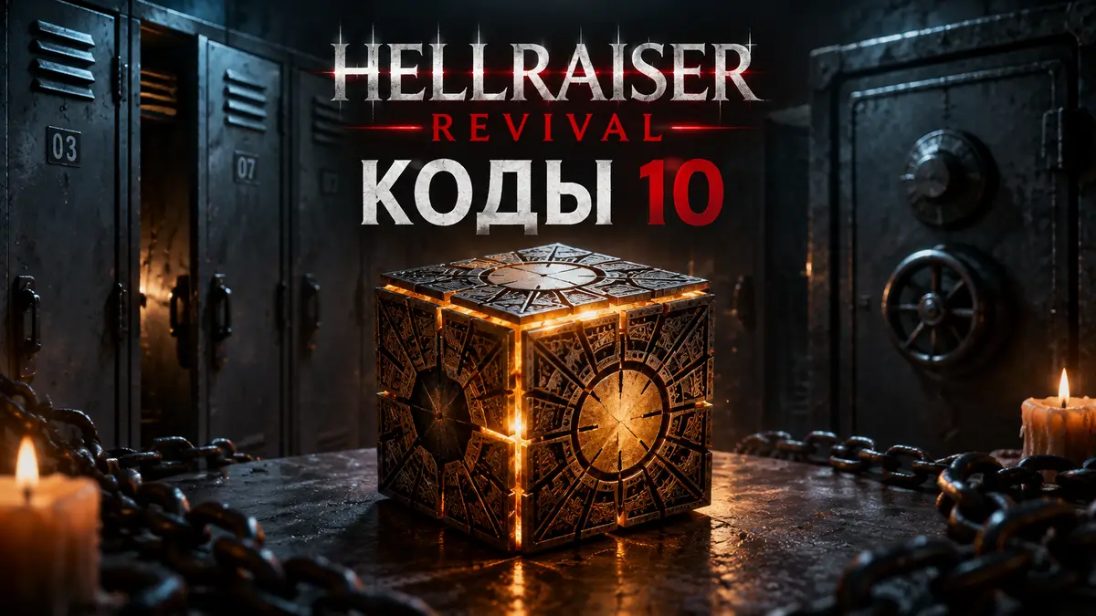 Кубическая шкатулка-головоломка Hellraiser: Revival в центре на фоне запертых шкафчиков и мрачного сейфа