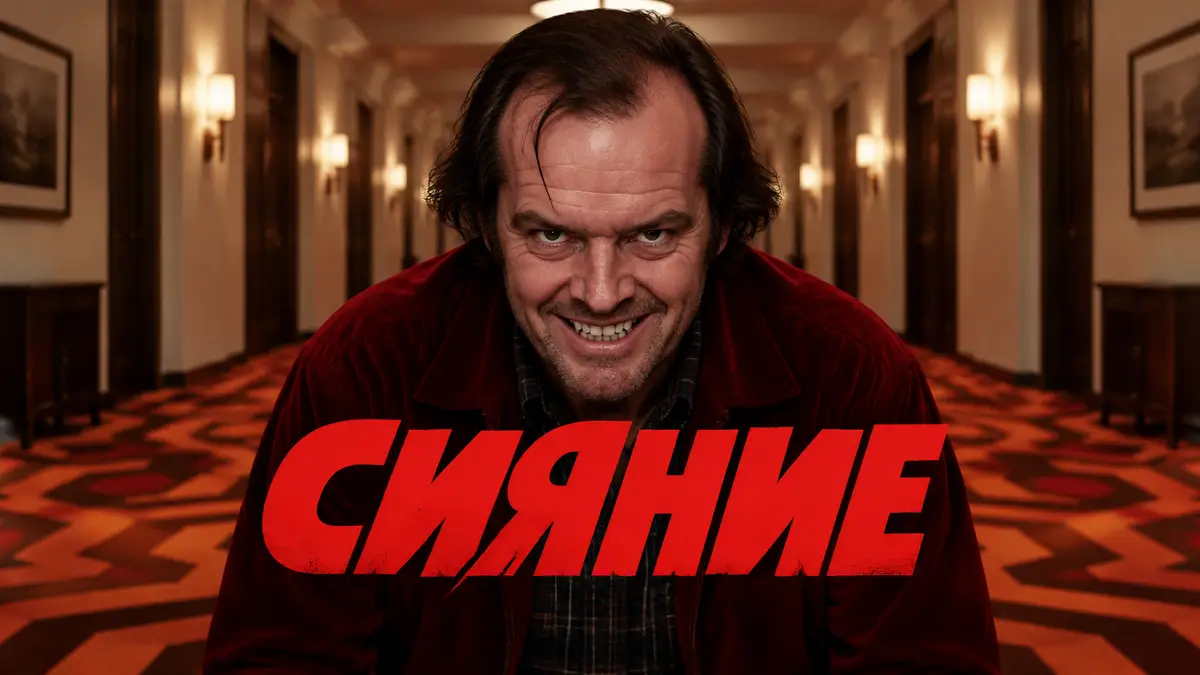 Джек Торранс с безумной ухмылкой в симметричном коридоре отеля «Оверлук», постер в стиле фильма «Сияние»