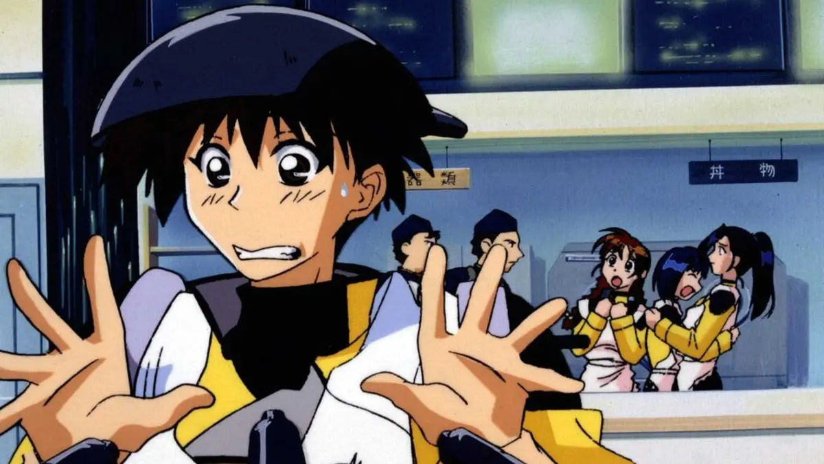 Akito Tenkawa holds his hands up while guns are pointed at him in Martian Successor Nadesico anime.