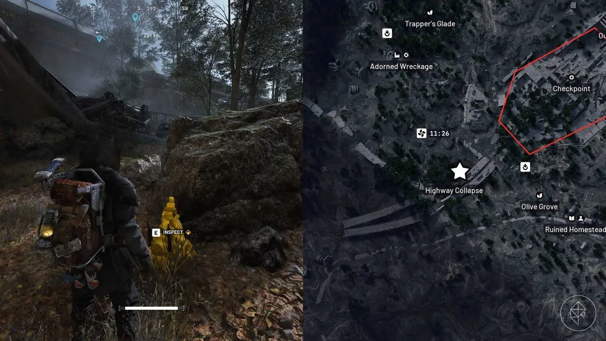 The left-hand side of the image shows the player in Arc Raiders standing in front of the objective for the "A Path Not Yours" quest while the right-hand side of the image shows the location marked on