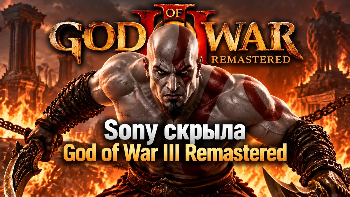 Кратос из God of War III Remastered на фоне логотипа игры и пламени