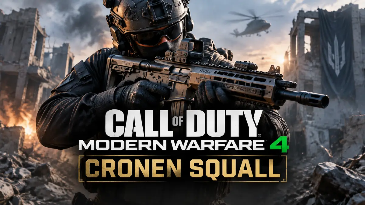 Боец спецназа с винтовкой Cronen Squall на фоне разрушенного города в Call of Duty