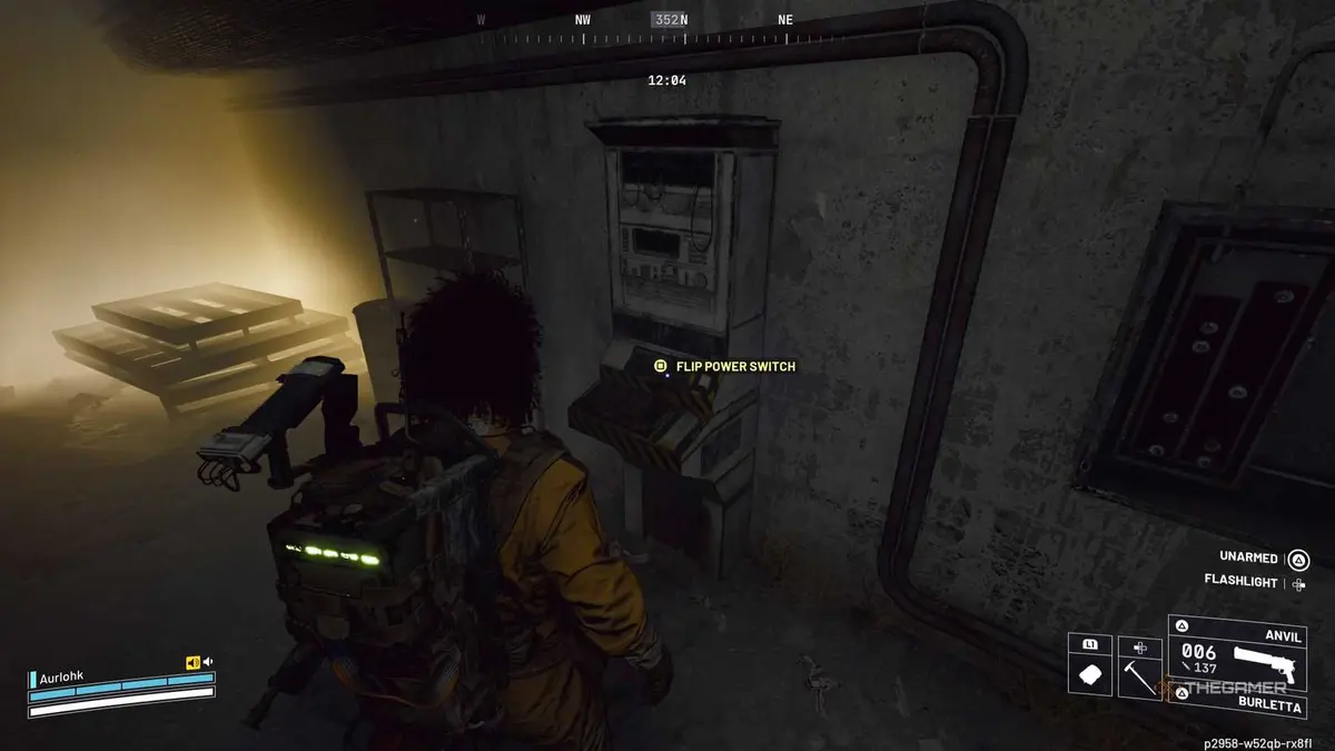 Player raider standing next to a power box with a switch on it that has a yellow interaction prompt in Arc Raiders.