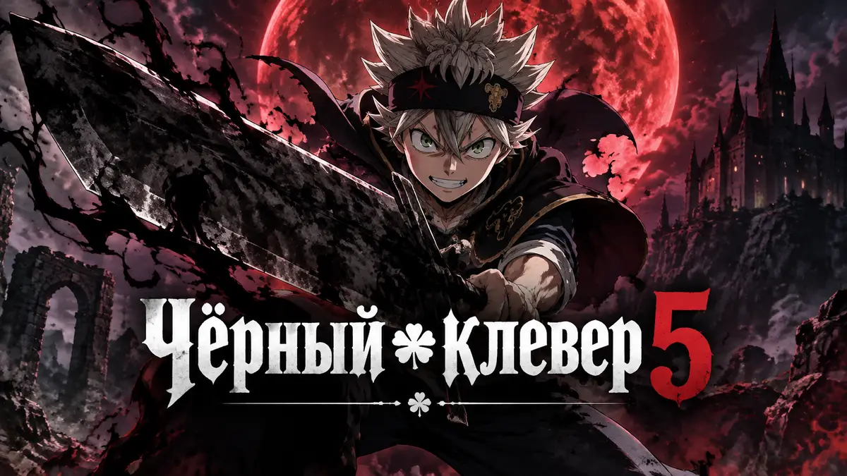 Аста из аниме «Чёрный клевер» с огромным чёрным мечом Anti-Magic на фоне тёмного фэнтезийного неба