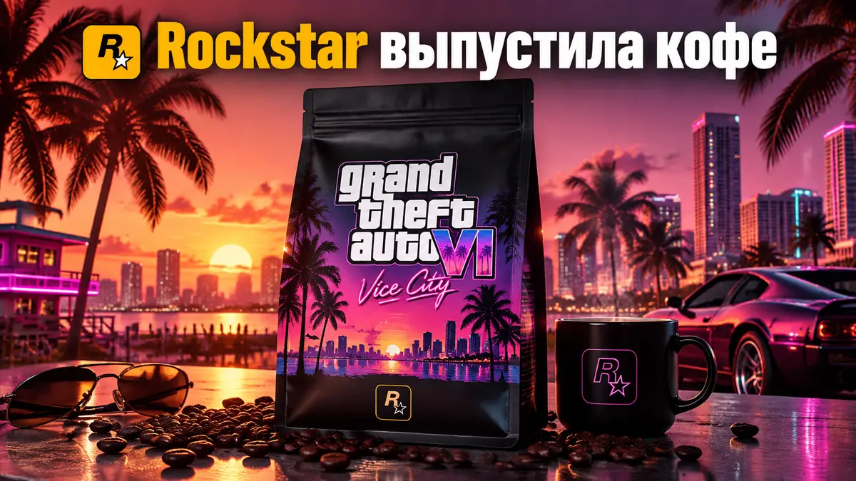 Пакет фирменного кофе GTA VI с неоновым логотипом Vice City на фоне пальм и закатного Майами