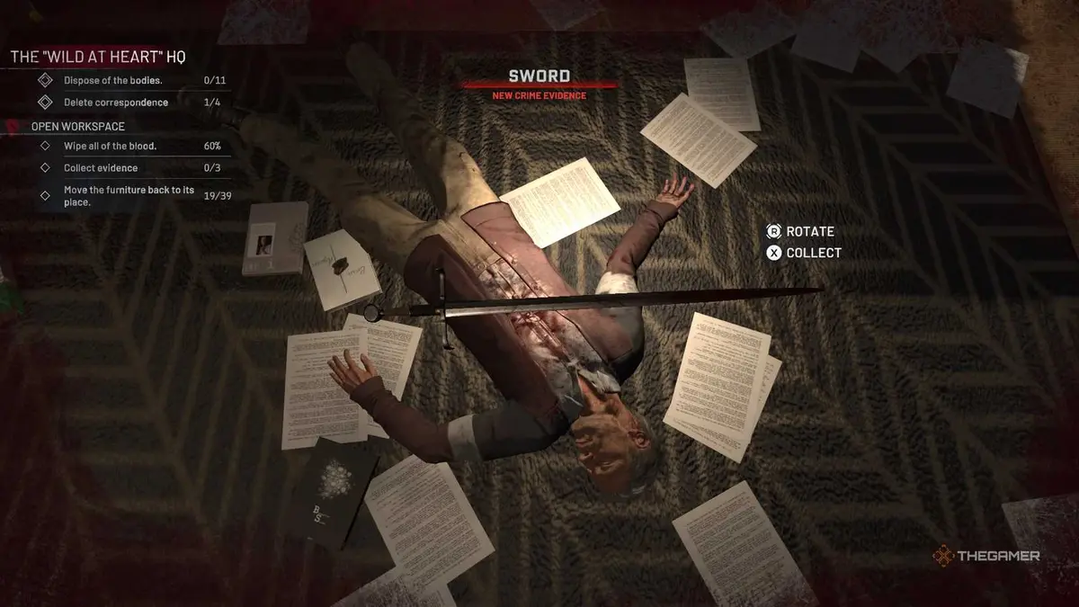 Crime Scene Cleaner sword and a dead body.