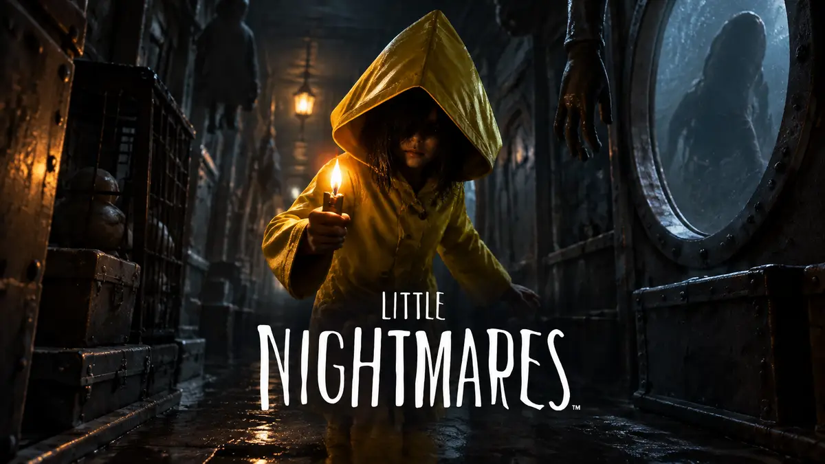 Шестая из Little Nightmares в жёлтом дождевике с капюшоном в мрачном коридоре подводного судна Чрево