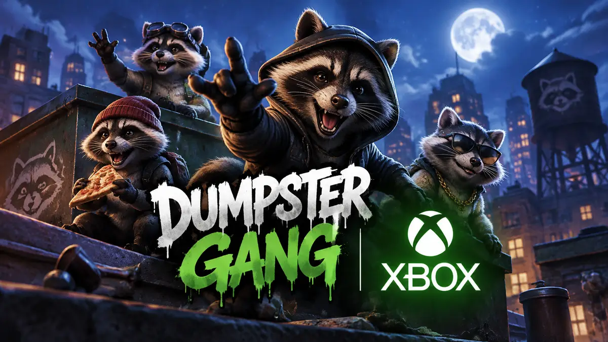 Банда енотов на крыше дома ночью в игре Dumpster Gang с логотипом Xbox