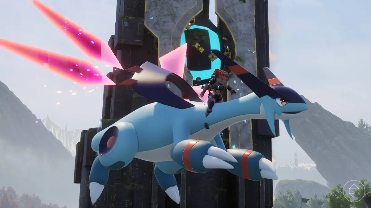 Playable character in Palworld riding the legendary Jetragon Pal.