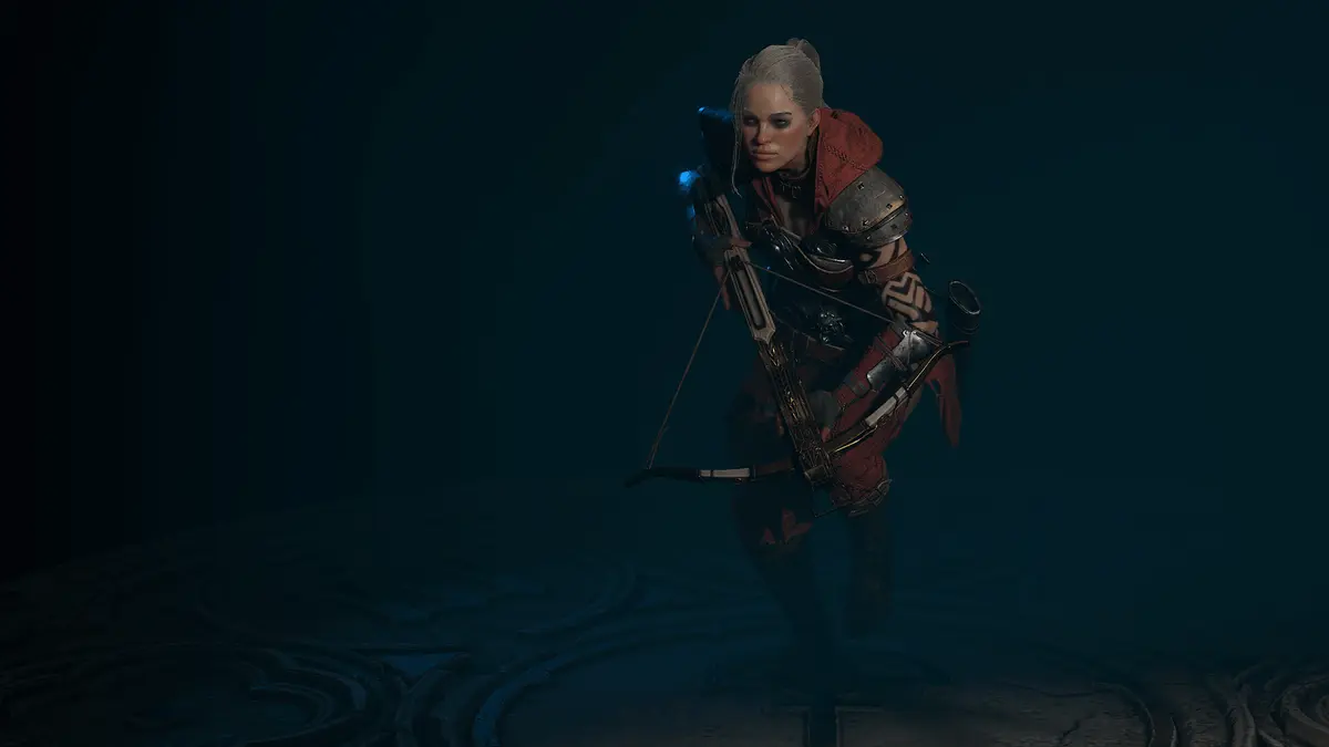 Rogue running in the dark with a crossbow for Diablo 4