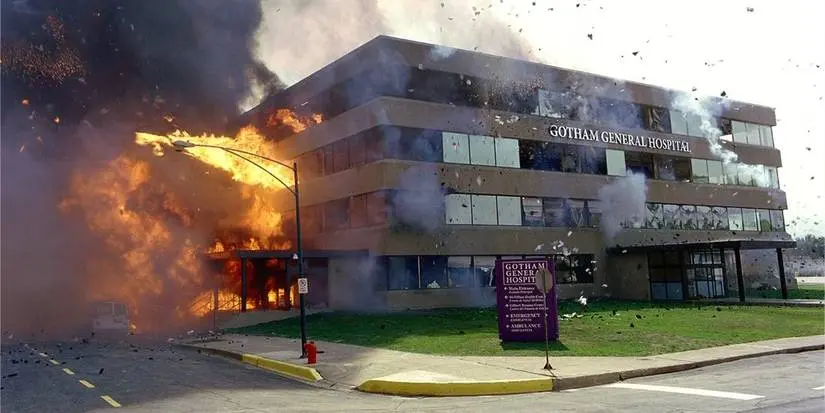 The Gotham City Hospital explodes in The Dark Knight.