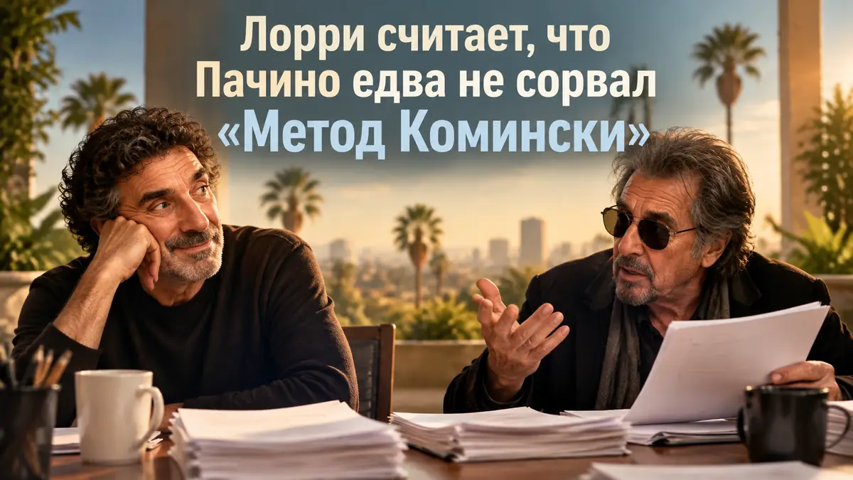 Чак Лорри и Аль Пачино за столом читки сценария, в стиле постера сериала «Метод Комински»