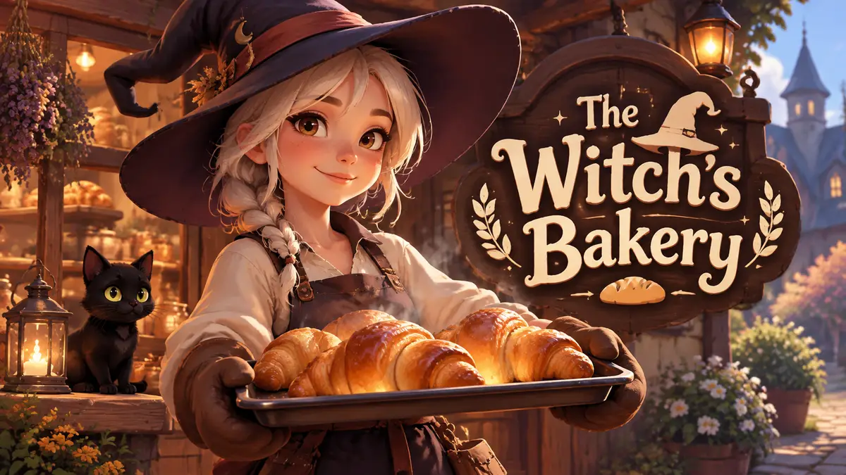 Ведьма Lunne с подносом круассанов на фоне своей уютной пекарни, обложка игры The Witch's Bakery