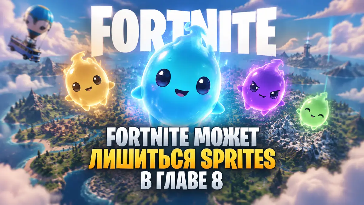 Светящиеся коллекционные Sprites разной редкости парят над островом Fortnite на фоне логотипа игры