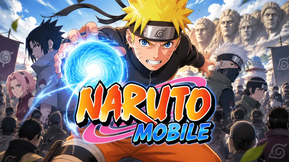 Наруто Узумаки в боевой стойке с Расенганом на фоне логотипа Naruto Mobile и толпы шиноби