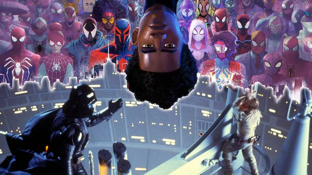 Miles Morales and the Spider-Verse cast above Darth Vader and Luke's Empire Strikes Back encounter