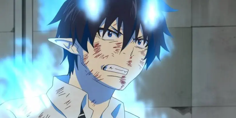 Rin Okamura bathed in blue aura in Blue Exorcist.