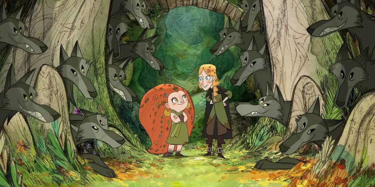 Robyn and Mebh surrounded by wolves in a forest in Wolfwalkers.