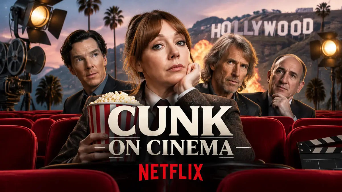 Филомена Канк в пустом кинозале с попкорном на фоне знака Голливуда, постер Cunk on Cinema Netflix