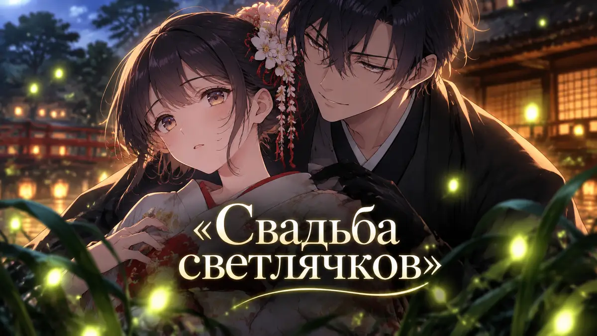 Аниме «Свадьба светлячков»: аристократка Сатоко в кимоно и убийца Симпэй с улыбкой под светлячками