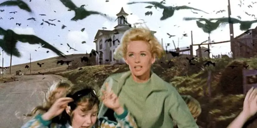 Tippi Hedren's character in The Birds is running with children from a flock of birds.