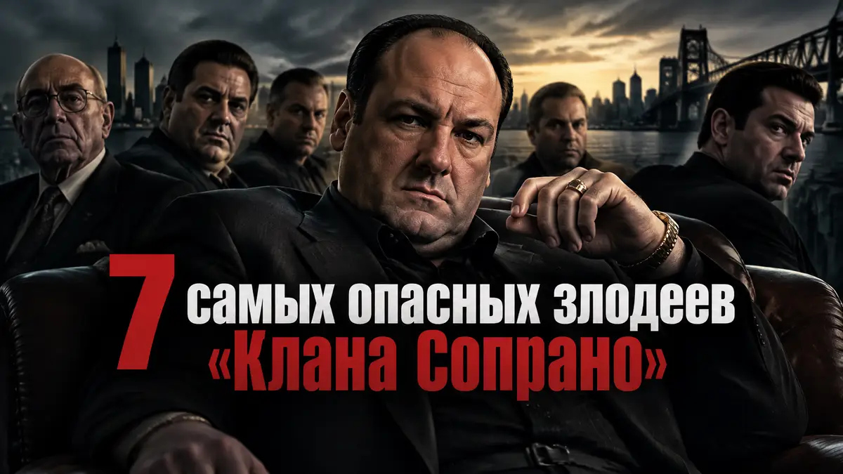 Постер в стиле «Клан Сопрано»: Тони Сопрано в центре, за ним мрачные силуэты мафиози из Нью-Джерси