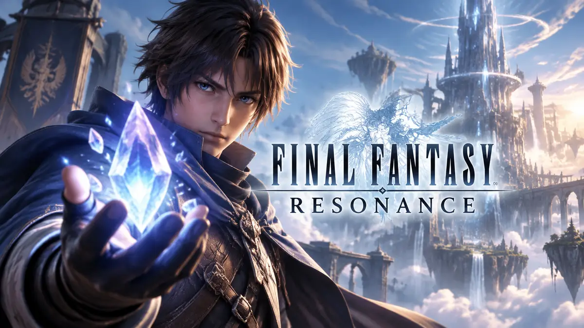 Сияющий кристалл Magicite в руках героя на фоне логотипа Final Fantasy Resonance и фэнтезийной башни