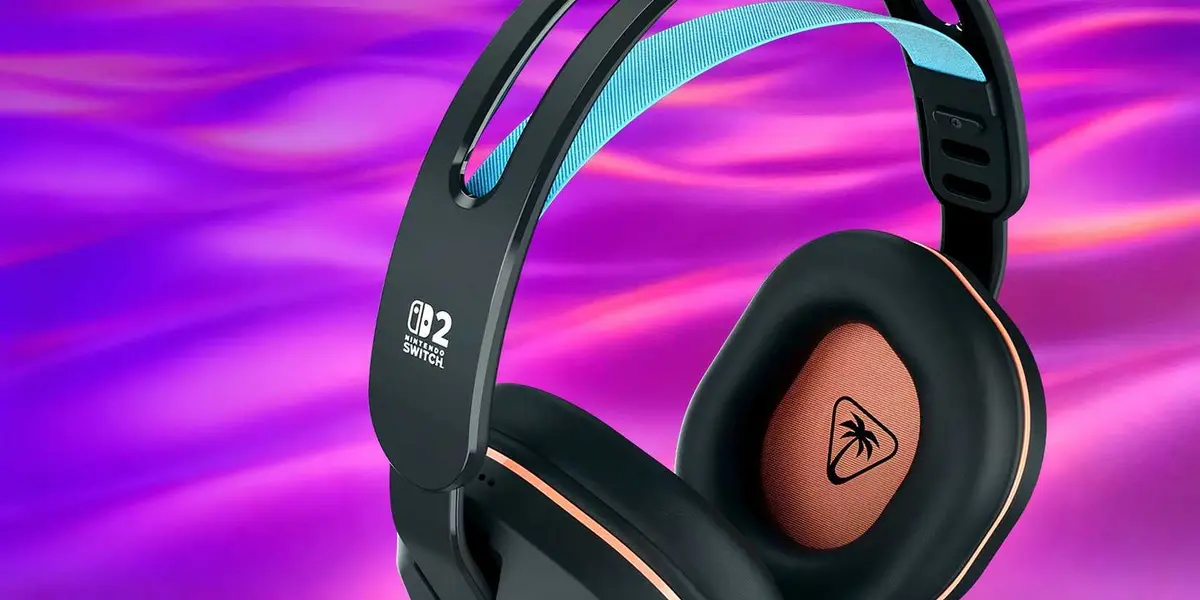 A closeup of the headset that includes the Turtle Beach logo and the Switch 2 logo