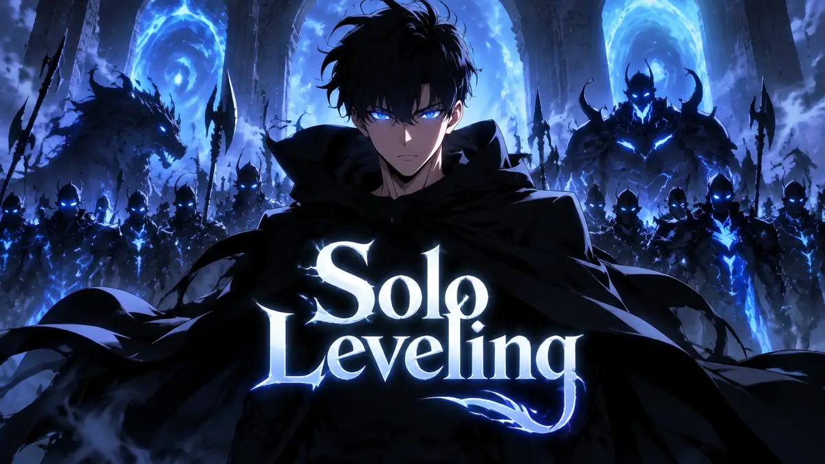 Сон Джину из Solo Leveling в чёрном плаще во главе гильдии Ahjin на фоне армии теней и синих врат
