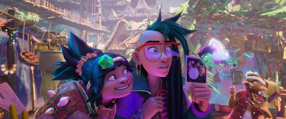 Jo and Raissa, two Filipino teenagers with spiky black hair, stand in a crowded marketplace in the animated movie Forgotten Island