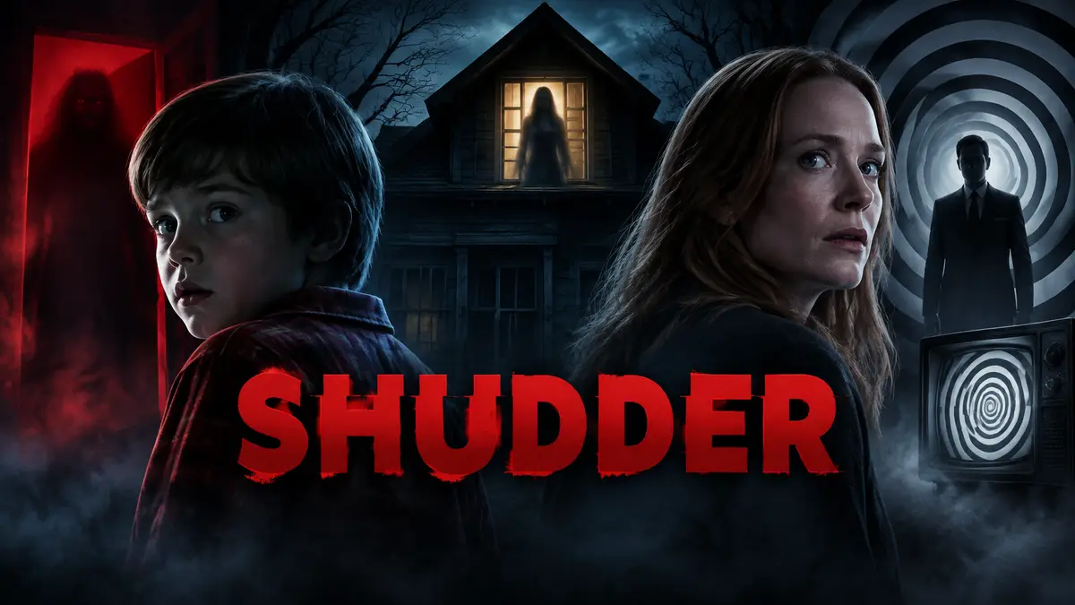 Постер хорроров Shudder: тёмный дом с призрачной фигурой на чердаке, логотип Shudder в мрачных тонах