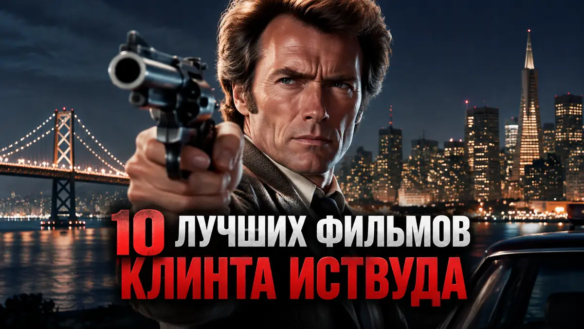 Клинт Иствуд в образе Грязного Гарри на фоне ночного Сан-Франциско, постер к подборке фильмов Иствуда