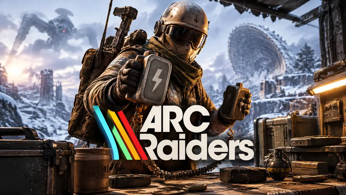 Рейдер ARC Raiders держит дефибриллятор у походного верстака среди заснеженных руин, стиль key art
